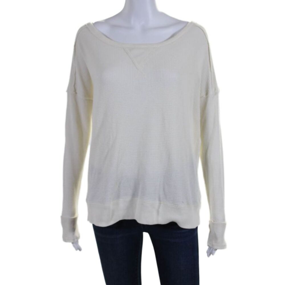 We The Free Womens Cream Cotton Waffle Knit Scoop Neck Sweater Top Size S